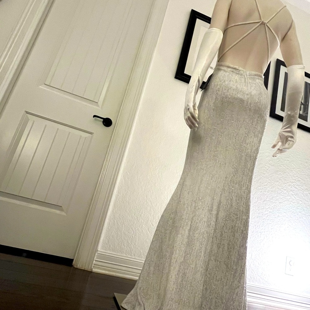 Gorgeous lined glittery while backless long dress, spaghetti straps bra support